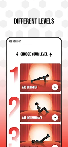 Abs workout difficulty level selection screen with beginner, intermediate, and advanced training options with play buttons