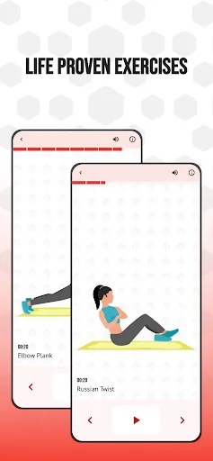 Exercise demonstration screens showing elbow plank and Russian twist core exercises with proper form photos and navigation