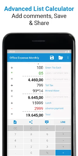Advanced calculator showing Office Expense Monthly calculation with itemized list, running total, add comments feature, and numeric keypad