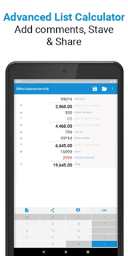 List calculator displaying Office Expense Monthly with itemized expenses, amounts, comments, running totals, and numeric calculator keypad