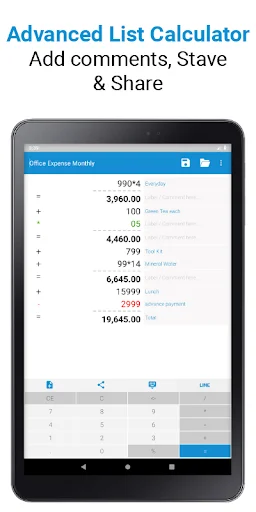 Tape calculator showing Office Expense Monthly calculation with line items, amounts, descriptions, comments, and numeric keypad interface