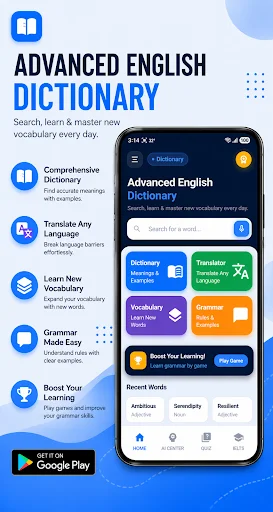 Advanced English Dictionary app home screen showing Translator, Vocabulary Builder, Grammar, and Learning features