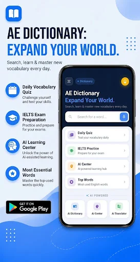 AE Dictionary home screen featuring Daily Quiz, IELTS Preparation, AI Center, and Top Words learning modules