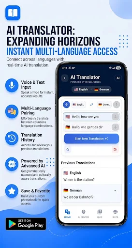 AI Translator interface showing language selection, voice and text input, and instant translation between languages