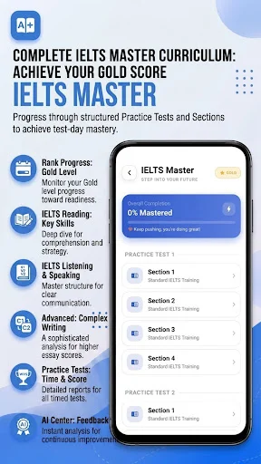 IELTS Master curriculum with reading, listening, speaking sections, practice tests, progress tracking, and AI-powered feedback