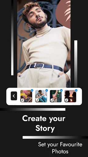 ShortStory app home screen with 'Create your Story' title and photo carousel to select favorite photos for video reels