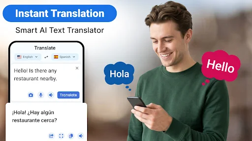 Smart AI text translator app converting English to Spanish with real-time translation interface for instant communication