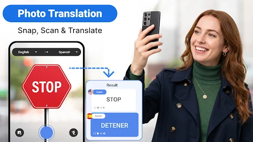Camera translator app scanning and translating text from a STOP sign demonstrating photo-based translation technology