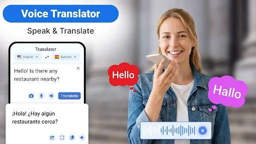 Voice translator interface showing audio input waveform with real-time speech-to-text translation to multiple languages