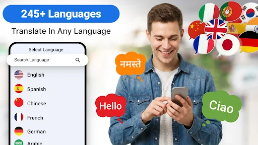 Language selection menu displaying 245+ supported languages including English, Spanish, Chinese, French, German, and Arabic