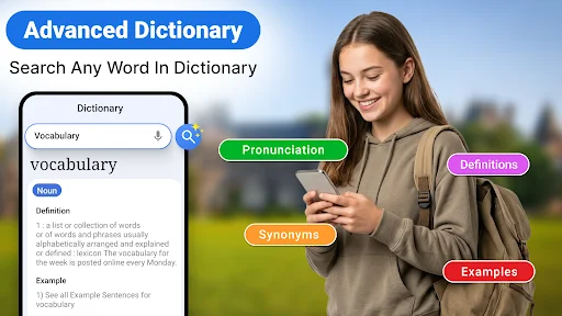 Advanced dictionary feature showing word definitions, pronunciation guides, synonyms, and example sentences for vocabulary learning