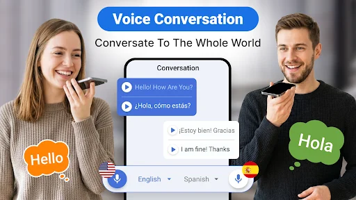 Real-time voice conversation translator enabling bilingual dialogue and chat between English and Spanish speaking users
