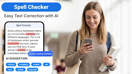 AI spell checker and grammar correction tool highlighting text errors and providing intelligent spelling suggestions for writing