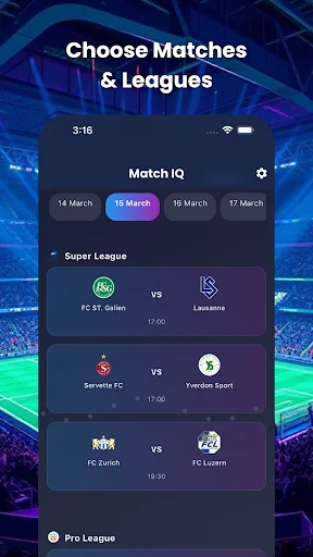 MatchIQ league and match selector displaying Super League fixtures with dates, teams, and match times for soccer predictions