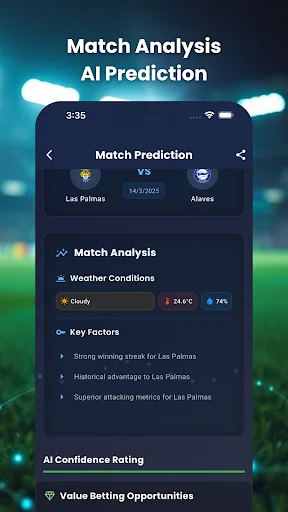 MatchIQ match analysis with AI predictions, weather conditions, key factors, and confidence ratings for soccer matches