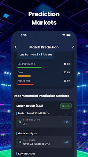 MatchIQ prediction markets showing Las Palmas vs Alaves odds: Win 45%, Draw 25%, Loss 30% with AI analysis and statistics