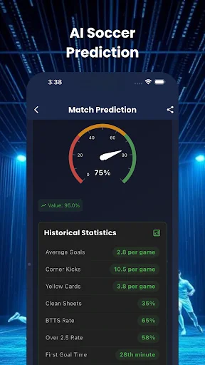 MatchIQ AI soccer prediction with confidence gauge, value rating, and historical statistics for match analysis and betting