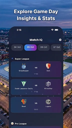MatchIQ game day insights interface with upcoming Super League matches across multiple October dates and kickoff times