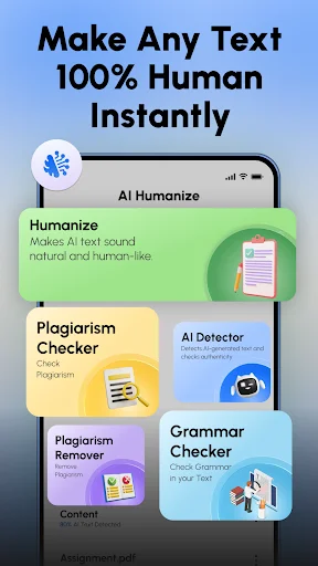 Humanize AI Text app home showing main features: AI text humanizer, plagiarism checker, AI detector, grammar checker