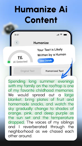 Humanize feature comparing original AI text with humanized version and AI detection notification