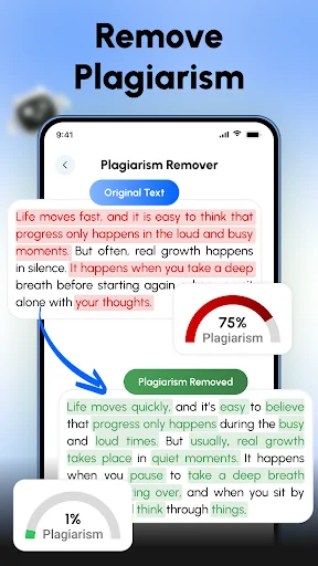 Plagiarism Remover showing before and after text transformation reducing plagiarism from 75% to 1%
