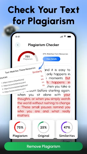 Plagiarism Checker displaying 75% plagiarism detected with breakdown pie chart of detection percentages