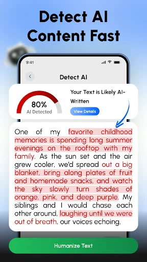 AI Detector showing 80% AI-Written detection with sample text and Humanize Text action button