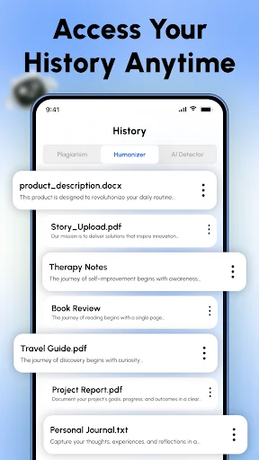 History tab displaying list of previously processed documents for accessing past humanization tasks
