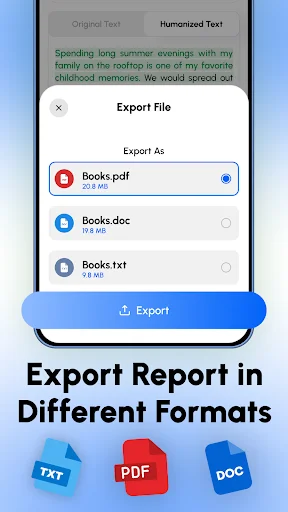 Export dialog with format options PDF, DOC, TXT to save and share processed reports and content