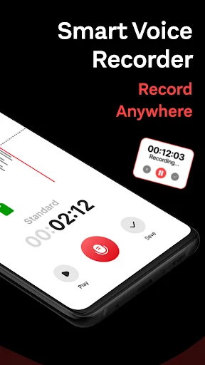 Smart Voice Recorder interface with recording button and timer showing 12 minutes 3 seconds of recording time
