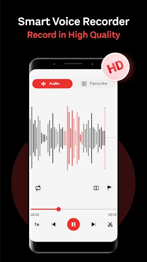 High-quality voice recording interface with HD badge, waveform visualization, and audio playback controls