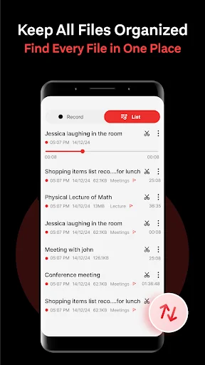 Organized voice notes list view showing recordings with titles, timestamps, dates, and quick access controls