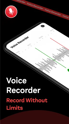 Voice Recorder app interface displaying audio waveforms with red microphone icon and unlimited recording capability