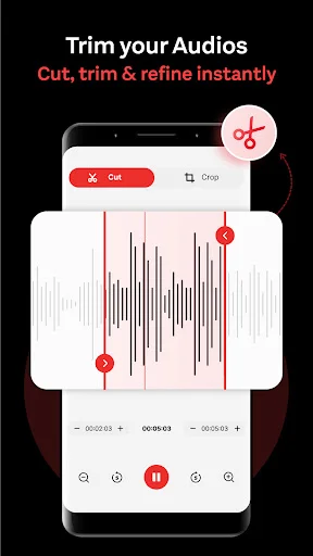 Audio editing interface with waveform display featuring red cut button, scissors icon, and trimming controls for cutting and refining voice recordings
