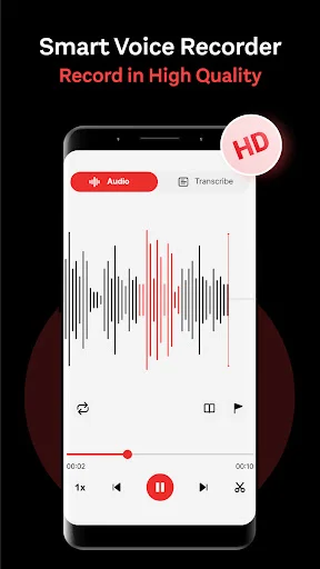 Voice Recorder playback screen with HD quality badge, waveform visualization, audio controls, transcribe option, and timeline slider for navigation