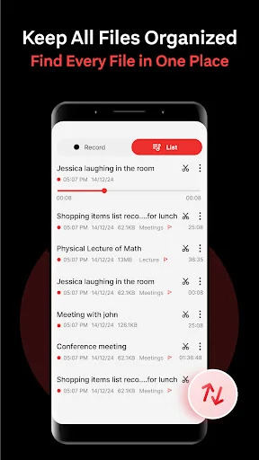 Voice recordings list organized by title, date, time, duration and category tags like Meetings for easy file management and retrieval