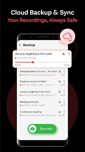 Cloud backup interface displaying synced voice recordings with cloud backup badge and green 'Synced' confirmation button for secure storage