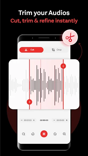 Voice Recorder audio editor with waveform display, scissors icon, cut button, and red trim handles for editing