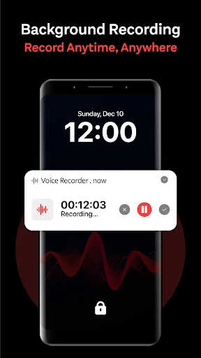 Voice Recorder background recording widget on lock screen showing active recording timer at 00:12:03