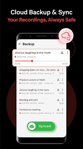 Voice Recorder cloud backup interface confirming all voice notes synced and safely backed up in cloud storage