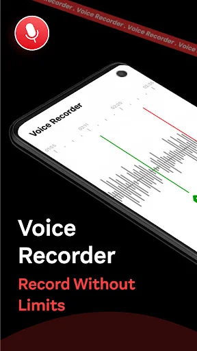 Voice Recorder app interface showing red microphone icon and waveform visualization with 'Record Without Limits' tagline on smartphone display