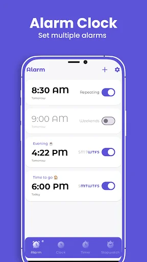Alarm Clock main screen with multiple alarms at 8:30 AM, 9:00 AM, 4:22 PM, and 6:00 PM with toggles and repeat settings