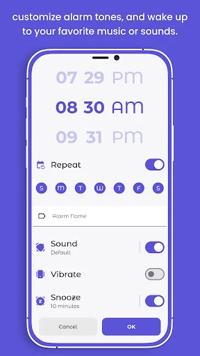 Alarm customization screen with repeat toggle, sound and vibration settings, snooze duration, and day-of-week selection