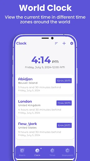 World Clock showing current times in different time zones with Abidjan, London, and New York displaying time differences