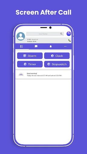 Screen After Call interface with quick access buttons for Alarm, Clock, Timer, and Stopwatch features displayed together