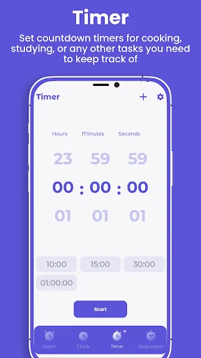 Timer countdown screen with hours, minutes, seconds input fields and preset options including 10:00, 15:00, and 30:00
