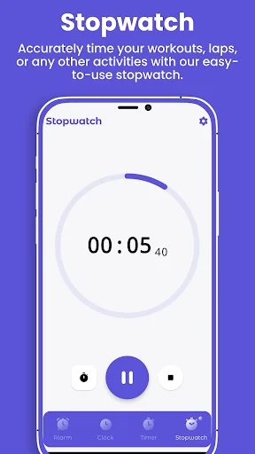 Stopwatch interface displaying elapsed time 00:05.40 with circular progress indicator and play/pause button controls