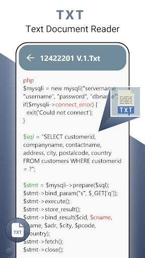 Text file reader displaying PHP and SQL code snippets with syntax highlighting and code formatting