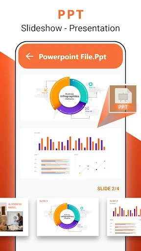 PowerPoint presentation viewer app displaying slideshow with charts and slide navigation