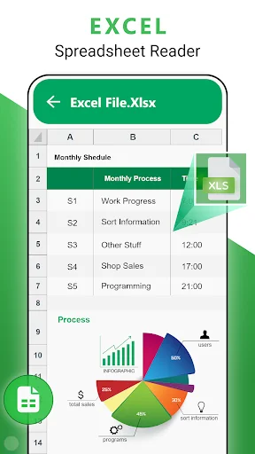Excel spreadsheet viewer app showing monthly data table and pie chart visualization